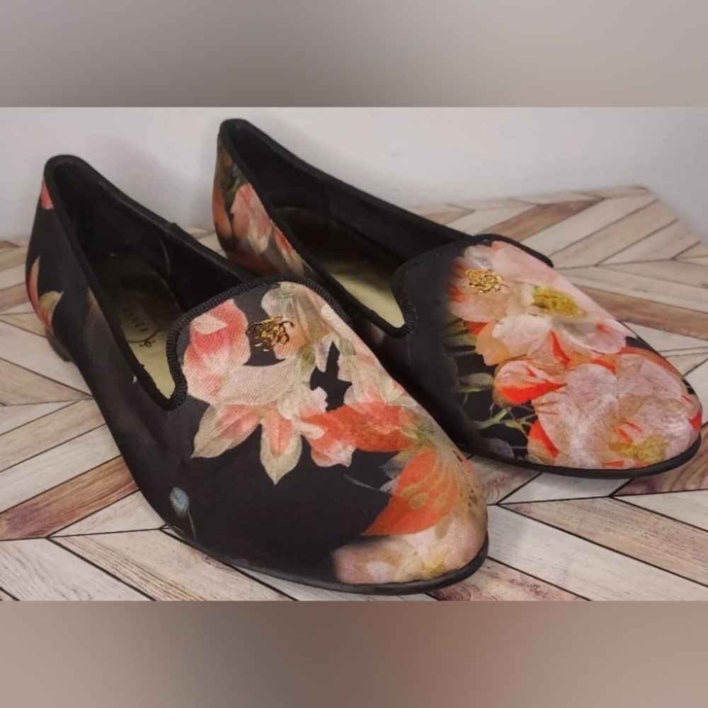 Ted Baker Black Floral Satin Logo Slip On Jaday Flats Size 5